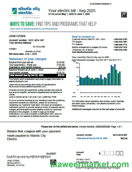 USA Atlantic City Electric utility bill template in Word and PDF formats, version 2